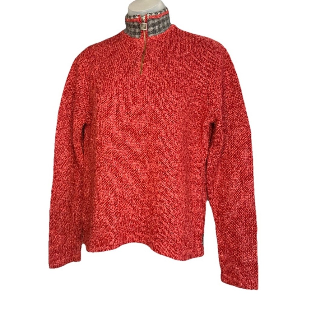 Woolrich Woman's 1/4 Zip Sweater Ruby Red w/ Gray Wool Check Neck Chunky Knit‎